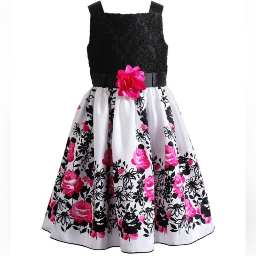 Youngland Black and White Floral Pink Accent Girls Dress
